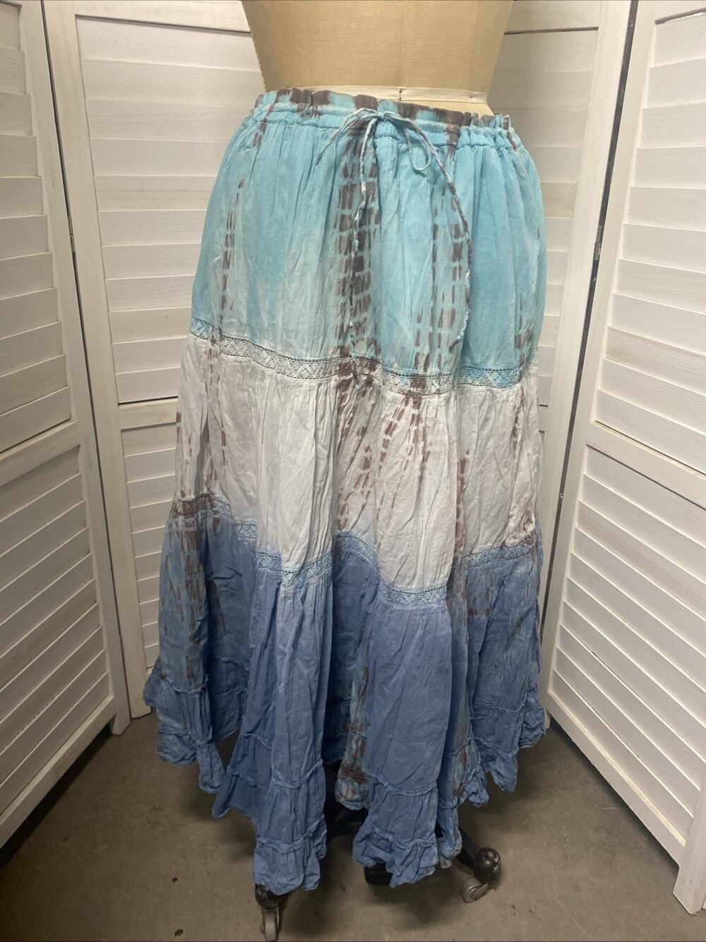 VTG Mirror Image Crinkle Pleated Midi Tiered Skirt Boho Broomstick 1X